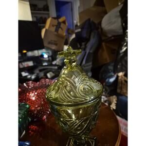 Vintage Heisey Imperial Ipswch Avocado Green Footed Candy Dish With Lid Has A...